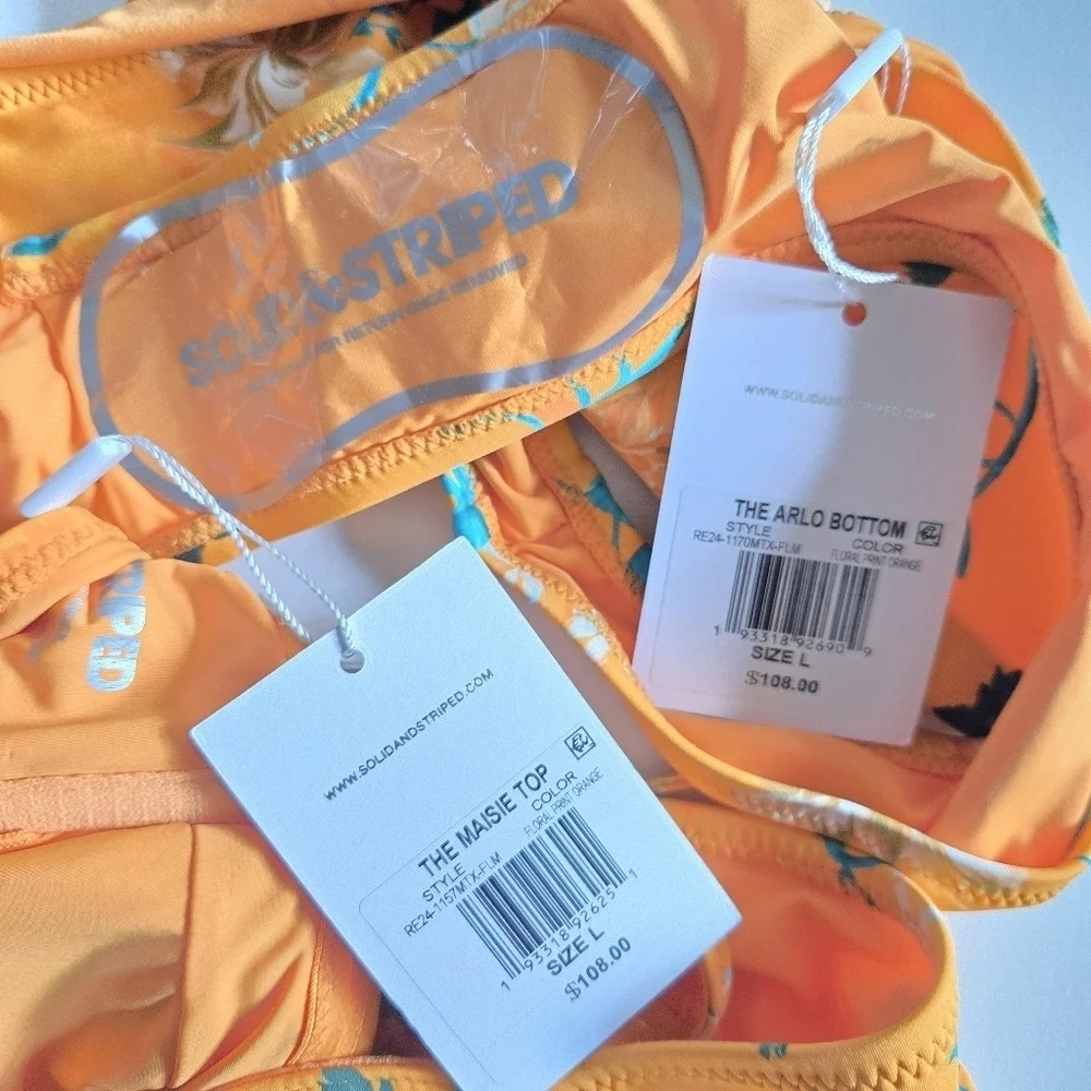 New Solid & Striped Floral Print Orange The Maisie Top/Arlo Bikini Bottom NWT
